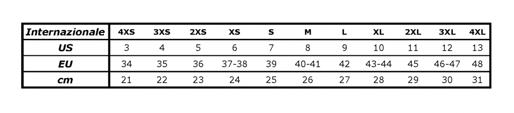 Tabella comparativa taglie per scarpette in neoprene